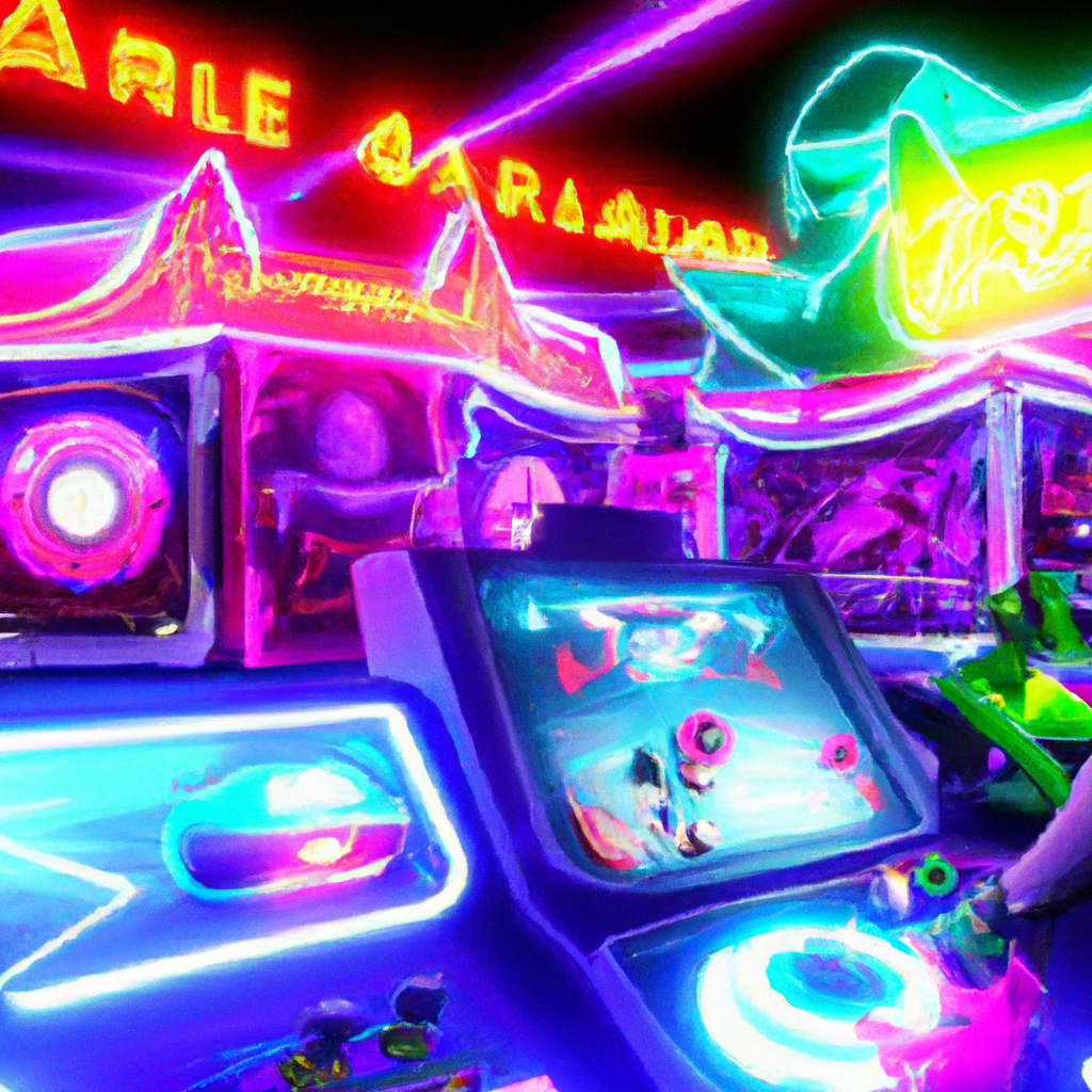 Neon arcade scene with players and screens